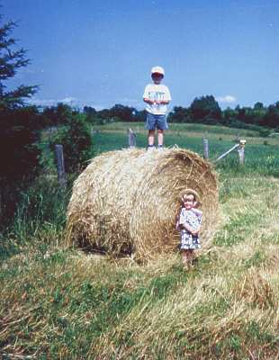 Bambini vicino ad una balla di fieno